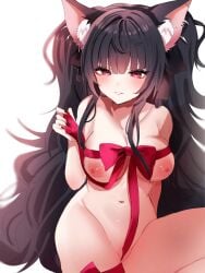 1girls animal_ears areolae belly_button black_hair blush breast_slip breasts cat_ears catgirl earrings eyebrows_visible_through_hair female female_only huge_breasts human_gift indie_virtual_youtuber kemonomimi light-skinned_female light_skin naked nekomimi nekrolina nipples red_eyes ribbon ribbon_in_hair seductive solo tamagooishiizo virtual_youtuber vtuber