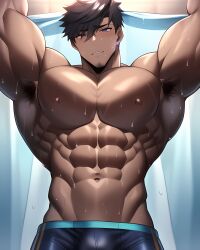 1boy 1human 1male 1man abs ai_generated bara bara_tiddies bara_tits biceps big_arms big_muscles black_hair bulge bulge_through_clothing dark-skinned_male dark_skin deltoids large_pecs large_pectorals looking_down male male_focus male_nipples male_only man man_boobs man_breasts man_tits manly masculine masculine_male muscle muscles muscular muscular_arms navel nipples pecs pectorals sweat sweating trapezius underwear underwear_only wet wet_body wet_skin