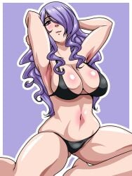 1girls alternate_costume armpits arms_behind_head ass_visible_through_thighs bare_legs bare_thighs bikini black_bikini black_swimsuit breasts camilla_(fire_emblem) cleavage female female_only fire_emblem fire_emblem_fates hair_over_one_eye inabakun00 large_breasts legs long_hair nintendo pink_eyes pose purple_hair sideboob solo swimsuit thick_thighs thighs very_long_hair