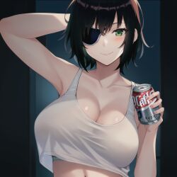 1girls ai_generated armpits arms_up beer big_breasts breasts chainsaw_man cleavage eye_patch female female_only green_eyes himeno_(chainsaw_man) light-skinned_female light_skin revealing_clothes