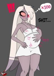 1girls big_breasts dialogue erect_nipples_under_clothes hazbin_hotel long_hair nightgown pregnant pregnant_belly redquill07 thick_thighs unborn_kicking vaggie_(hazbin_hotel) wide_hips