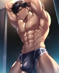 1boy 1human 1male 1man abs ai_generated bara bara_tiddies bara_tits biceps big_arms big_muscles black_hair bulge bulge_through_clothing dark-skinned_male dark_skin large_pecs large_pectorals looking_down male male_focus male_nipples male_only man man_boobs man_breasts man_tits manly masculine masculine_male muscle muscles muscular muscular_arms navel nipples pecs pectorals sweat sweating underwear underwear_only wet wet_body wet_skin