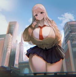 big_breasts blonde_hair chieri's_love_is_8_meters chieri_oomine_(chieri's_love_is_8_meters) giantess growth large_breasts larger_female macro macro_female macrophilia school_uniform thick_thighs utterangle