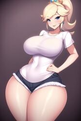 ai_generated big_boobs big_breasts bimbo blonde_hair blue_eyes curvy curvy_figure hand_on_hip huge_breasts huge_hips looking_at_viewer mario_(series) nai_diffusion nintendo ponytail princess_rosalina seductive_smile shiny_hair shiny_skin shiny_thighs short_shorts stable_diffusion thick_thighs thunder_thighs tight_clothing tight_shirt voluptuous white_shirt wide_hips