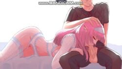 1boy 1girls animated blowjob cum cum_in_mouth elf elf_ears elf_female elf_girl feyada light-skinned_female light-skinned_male light_skin lingerie male/female no_sound pierced_ears pink_hair video white_background