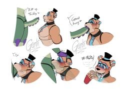 2boys alligator animatronic anthro anthro_on_anthro balls bear big_penis blowjob blue_eyes blush boner claws crocodilian cum cum_in_face cum_in_mouth digital_media_(artwork) ear_piercing ejaculation english_text erection five_nights_at_freddy's five_nights_at_freddy's:_security_breach garbi gay genital_fluids genitals glamrock_freddy_(fnaf) green_body half-closed_eyes hat humanoid long_penis male male/male male_only mammal montgomery_gator_(fnaf) multicolored_body muscular muscular_male nude open_mouth oral orange_body orange_fur penis reptile robot scottgames steel_wool_studios text two_tone_body video_game_character video_games