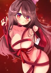 arm_sleeves blush breasts brown_hair chibi_(chibipower) chibipower choker christmas_outfit gift_wrapped heart_hair_ornament heart_tattoo looking_at_viewer partially_clothed pink_ribbon red_collar red_eyes red_ribbon red_rope simple_background solo_female virtual_youtuber vtuber