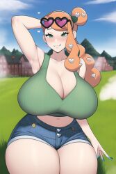 1girls ai_generated armpits arms_up bare_arms bare_legs bare_midriff bare_shoulders bare_thighs blue_shorts blush breasts cleavage cleavage_overflow curvaceous curves curvy curvy_female curvy_hips deep_cleavage denim denim_clothing denim_shorts dynamax female_only game_freak giant giantess gigantic_breasts gigantic_thighs glasses glasses_on_head green_eyes green_tank_top hair_ornament heart_glasses heart_hair_ornament hourglass_expansion hourglass_figure huge_breasts huge_thighs large_breasts large_thighs long_hair looking_at_viewer looking_pleasured massive_breasts massive_thighs midriff midriff_baring_shirt nai_diffusion nintendo one_arm_up orange_hair pokemon pokemon_ss ponytail ribbed_shirt seducing seduction seductive seductive_eyes seductive_gaze seductive_look seductive_mouth seductive_pose seductive_smile short_shorts shorts sitting size_difference smile solo solo_female sonia_(pokemon) stable_diffusion steam steaming_body sweat sweatdrop sweating sweaty sweaty_body sweaty_breasts tank_top thick_thighs thighs top_heavy top_heavy_breasts venus_body voluptuous wide_hips