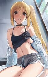 1girls blonde_hair bocchi_the_rock! breasts choker eye_contact female female_only hews_hack ijichi_nijika long_hair looking_at_viewer midriff minishorts navel orange_eyes shorts side_ponytail small_breasts solo thick_thighs thighs