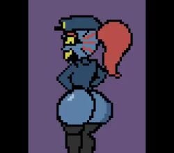 1girls 2d 2d_animation animated ass ass_shake back back_view big_butt blue_body blue_skin bottomless butt clothed clothed_female clothes clothing dancing deltarune female female_focus female_only hair hand_on_hip hands_on_hips hat humanoid legs legs_together looking_back loop low_res lowres no_sound pixel_animation pixel_art plain_background police police_hat police_officer police_uniform policewoman ponytail putricia red_hair redhead shaking shaking_ass shaking_butt short_playtime showing_ass showing_off simple_background solo solo_female solo_focus source_request stockings teeth teeth_showing teeth_visible thigh_highs thighhighs twerking undertale undertale_(series) undyne undyne_(deltarune) video yellow_sclera