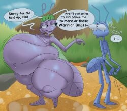 2022 a_bug's_life afraart after_vore ant anthro arthropod ass belly big_belly big_butt bulging_eyes crown crown_only dialogue disney duo ellipsis english_text eye_contact female flik_(a_bug's_life) flirting grass half-closed_eyes hand_on_head hi_res hymenopteran insects interrobang_ellipsis looking_at_another male morbidly_obese morbidly_obese_anthro morbidly_obese_female narrowed_eyes navel nude obese obese_anthro obese_female outside overweight overweight_anthro overweight_female pixar plant pose princess_atta signature speech_bubble standing text thick_thighs tree vore