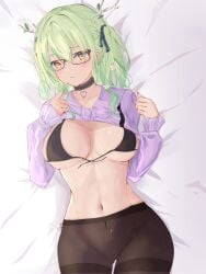 beauty_mark bed bikini bikini_top blouse blush ceres_fauna choker chyraliss finger_on_chin flowers_in_hair glasses green_hair hololive hololive_english hololive_english_-council- hololive_english_-promise- horns looking_at_viewer mostly_clothed nail_polish necklace on_back on_bed opened_shirt pov virtual_youtuber yellow_eyes