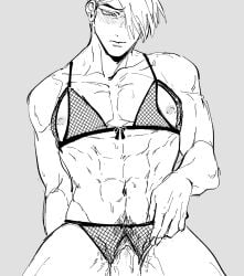 1boy 1cuntboy abs blush bra cuntboy cuntboy/male cuntboy_focus cuntboy_on_top faceless_male fishnet fishnet_bra fishnet_panties intersex kengan_(series) kengan_ashura lingerie looking_down mahuri male_on_cuntboy male_only monochrome muscular muscular_cuntboy panties penis pubic_hair solo_focus underwear vaginal_penetration yoroizuka_saw_paing