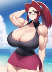 1girls ai_generated alternate_breast_size biceps cleavage huge_breasts long_hair lorelei_(pokemon) lorelei_(pokemon_frlg) muscular_female nai_diffusion pokemon pokemon_frlg ponytail red_eyes red_hair stable_diffusion thick_thighs voluptuous wide_hips