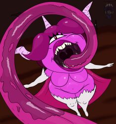 1girls big_breasts cyclops darkartist demon demon_girl eyelashes female female_pred gravity_falls horns humanoid implied_vore long_tongue mawshot pink_skin pov prey_pov purple_body pyronica solo solo_female straight_hair tongue topless uvula vore