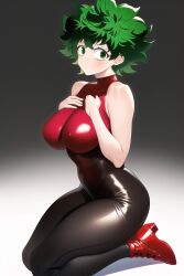 ai_generated black_pants female_deku genderswap_(mtf) green_eyes green_hair hands_on_breasts highres izuku_midoriya latex my_hero_academia nai_diffusion nipple_bulge on_knees red_footwear red_shoes red_topwear rubycks rule_63 shiny_clothes short_hair sleeveless stable_diffusion tight_clothing