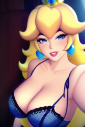 1girls adult_female ai_generated anime_lingerie blonde_hair blue_bra blue_earrings blue_eyes breasts crown female female_only front_view heart_earrings huge_breasts lingerie long_hair looking_at_viewer mario_(series) nai_diffusion nintendo pale-skinned_female pink_lipstick portrait princess princess_peach selfie smile solo solo_female solo_focus stable_diffusion