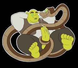 1boy ambiguous_gender clothed clothing crossover cum cumming dreamworks drool drooling duo gendomx green_body green_skin hypnosis hypnotic_eyes kaa kaa_(jungle_book) kaa_eyes male/male open_mouth saliva shrek shrek_(series) snake tail tail_job the_jungle_book what zoophilia