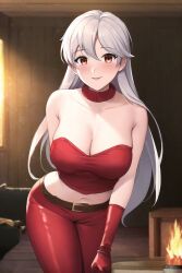 1girls ai_generated alternate_costume bare_shoulders belt bent_over brown_eyes cleavage collarbone fire_emblem fire_emblem:_radiant_dawn gloves hair_between_eyes hand_on_thigh large_breasts latex latex_gloves leaning_forward light-skinned_female light_skin long_gloves long_hair looking_at_viewer micaiah_(fire_emblem) midriff nai_diffusion nintendo red_gloves red_pants red_strapless shiny_clothes silver_hair smile solo stable_diffusion strapless