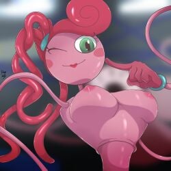 1girls areolae breasts female female_only green_eyes hi_res hound_wolf lipstick long_arms looking_at_viewer mommy_long_legs nipples noodle_arms pink_skin poppy_playtime red_hair smile wink