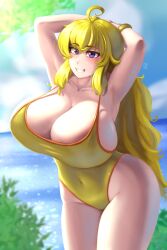 1girls alternate_ass_size alternate_breast_size armpits arms_behind_head ass big_ass big_breasts blonde_female blonde_hair blue_sky breasts breasts_bigger_than_body cleavage clothed clothed_female cloud clouds curvy curvy_body curvy_female curvy_figure day daytime female female_focus female_human female_only green_leaf hand_behind_head hand_on_head hands_behind_head hands_on_head happy happy_face happy_female high_resolution highres huge_ass huge_breasts human human_only kingjnar leaf long_hair pose posing purple_hair red_cheeks ring rooster_teeth rwby sexy_armpits smile smiley_face smiling smiling_at_viewer solo solo_female solo_focus swimsuit thick very_long_hair white_body white_skin yang_xiao_long yellow_hair yellow_swimsuit