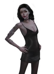 ai_generated black_dress black_hair brown_eyes chloe_hill choker cleavage female nail_polish red_lipstick silk_dress tattoo tights white_skin