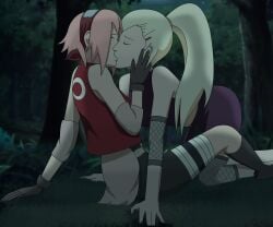 2girls all_fours bent_over bike_shorts blonde_hair closed_eyes dark female female/female female_only forest ino_yamanaka kissing kneeling low-key_lighting multiple_girls naruto naruto_(series) naruto_shippuden nature night nighttime optimystic outdoors pink_hair ponytail sakura_haruno yuri