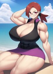 1girls ai_generated alternate_breast_size biceps cleavage huge_breasts long_hair lorelei_(pokemon) lorelei_(pokemon_frlg) muscular_female nai_diffusion pokemon pokemon_frlg ponytail red_eyes red_hair stable_diffusion thick_thighs voluptuous wide_hips