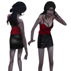 ai_generated bare_legs black_hair brown_eyes chloe_hill cleavage female leather_clothing leather_skirt nervous_smile red_blouse tattoo white_skin