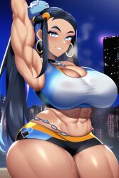 1girls abs ai_generated armlet armpits black_hair blue_eyes blue_hair earrings eyeliner eyeshadow hoop_earrings huge_breasts jewelry makeup midriff muscular_female nai_diffusion nessa_(pokemon) pokemon pokemon_ss short_shorts sports_bra stable_diffusion thick_thighs two_tone_hair