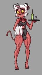 1boy 2022 bulge bunnysuit clothed clothing crossdressing demon femboy flaccid fried-chicken full_body girly helluva_boss horns humanoid male male_only mostly_clothed moxxie_(helluva_boss) red_skin short_hair solo standing tail thick_thighs waiter white_hair wide_hips