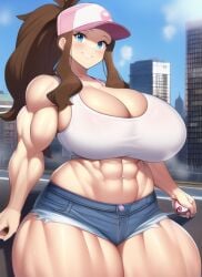 1girls abs aged_up ai_generated bad_hands bare_arms bare_legs bare_midriff bare_shoulders bare_thighs baseball_cap biceps blue_eyes blue_shorts blush breast_expansion breasts broad_shoulders brown_hair cleavage collarbone crop_top denim denim_clothing denim_shorts game_freak giant giantess gigantic_breasts gigantic_thighs grin hourglass_expansion hourglass_figure huge_breasts huge_thighs large_breasts large_thighs long_hair looking_at_viewer macro massive_breasts massive_thighs midriff midriff_baring_shirt muscle muscle_growth muscle_tone muscles muscular muscular_arms muscular_female muscular_legs muscular_thighs nai_diffusion nintendo pokemon pokemon_bw ponytail short_shorts shorts size_difference smile smiling_at_viewer stable_diffusion steam steaming_body tank_top teeth teeth_showing teeth_visible thick_arms thick_thighs thighs venus_body voluptuous voluptuous_female white_crop_top white_tank_top wide_hips