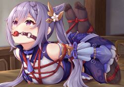 1girls ball_gag blush bondage bound_feet gag genshin_impact hogtie hogtied keqing_(genshin_impact) pantyhose purple_eyes purple_hair saliva solo solo_female solo_focus yiduan_zhu