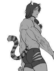 ass boxer circlet gaolang_wongsawat gym_shorts hip_vent kemonomimi kengan_(series) kengan_ashura long_hair long_hair_male looking_at_viewer looking_back low-tied_long_hair low_ponytail mahuri male male_only muscular muscular_male shorts solo tied_hair tiger_boy tiger_ears tiger_tail tight_clothing tight_pants topless topless_male veiny_muscles