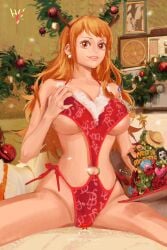 1girls big_breasts breasts brown_eyes christmas curvy detailed_background female female_only long_hair nami one_piece orange_hair post-timeskip reindeer_antlers skimpy skimpy_clothes slim smile solo spread_legs thick_thighs tummy underboob yellow70377686