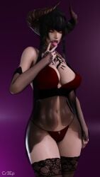 1girls 3d cr3epsfm eliza_(tekken) fangs female female_only fingernails gloves hime_cut horns lingerie nail_polish panties purple_nails solo tagme tattoo tekken tekken_7 thighhighs tongue tongue_out vampire