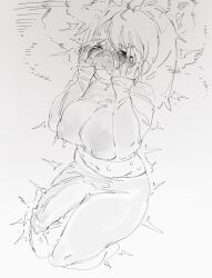 1futa 2022 big_breasts big_penis blush breasts bulge clothed clothing drooling erection erection_under_clothes fully_clothed futa_only futanari half-closed_eyes hands_on_face high-angle_view horny human khentaiu medium_hair midriff monochrome penis sitting sketch solo sweat thick_thighs