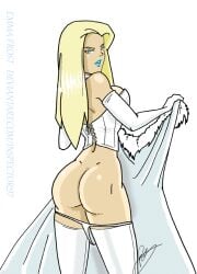 ass blonde_hair blue_eyes bottomless bottomless_female corset dat_ass dimples_of_venus dumptruck_ass emma_frost g-string g-string_down g-string_half_down inspector97 looking_at_viewer looking_back marvel marvel_comics panties_around_leg panties_down thong thong_around_hips thong_around_legs thong_down thong_panties thong_pulled_down thong_underwear white_g-string white_queen white_thong white_thong_panties x-men