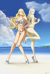 2girls ass beach bikini blonde_hair claymore female grey_hair irene_(claymore) large_breasts legs long_hair multiple_girls pointy_chin silver_eyes swimsuit tagme teresa_(claymore)