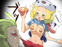 1girls bianca_(pokemon) blonde_hair cosplay female game_freak ghetsis_(pokemon) iyoda_mato male nintendo nipple_covers oshawott oshawott_(cosplay) pasties pokemon pokemon_(cosplay) pokemon_(species) seashell_pasties shell text