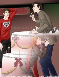 1girls 2010 2boys amy_pond closed_eyes clothed_sex doctor_who eleventh_doctor fellatio female girl_in_cake greeting hetero karen_gillan male matt_smith on_knees oral rory_williams strawberry_tartlette the_doctor