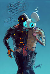 2010 2boys blue_background deadmau5 dialogue disney edm english_text featured_image fictional_and_real frottage gay jeans joel_zimmerman male male_only mavoorik multiple_males musician pants_open penis real_person rinzler shirtless speech_bubble tagme topless tron tron_legacy uncensored yaoi