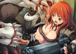 breasts cleavage clothing female green_eyes gunslinger interspecies long_hair long_tongue monster open_mouth ragnarok_online size_difference spread_legs tongue tongue_out