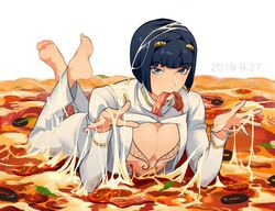 1boy 2019 black_hair bob_cut bruno_buccellati cheese cleavage_cutout feet feet_up food innuendo jojo's_bizarre_adventure laying_down laying_on_stomach looking_at_viewer male_only solo_male sticky sticky_fingers toes vento_aureo