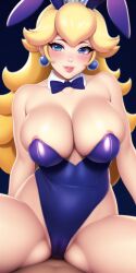 1boy 1girls ai_generated anime_lingerie blonde_hair blue_eyes breasts bunnygirl bunnysuit crown faceless_male female female_on_top large_breasts leotard light-skinned_male long_hair looking_at_viewer male mario_(series) nai_diffusion nintendo nipple_slip pale-skinned_female pink_lipstick pov princess princess_peach purple_lingerie pussy_in_bodysuit seductive_look seductive_smile shiny_clothes sitting sitting_on_lap smile smiling_at_viewer stable_diffusion thick_thighs tight_clothing