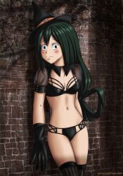 gloves halloween_costume lingerie lingerie_only long_hair my_hero_academia tsuyu_asui witch_hat yrya-chan