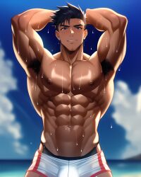 1boy 1human 1male 1man abs ai_generated arm_up bara bara_tiddies bara_tits biceps big_arms big_muscles black_hair bulge bulge_through_clothing dark-skinned_male dark_skin large_pecs large_pectorals looking_down male male_focus male_nipples male_only man man_boobs man_breasts man_tits manly masculine masculine_male muscle muscles muscular muscular_arms navel nipples pecs pectorals sweat sweating underwear underwear_only wet wet_body wet_skin