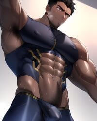 1boy 1human 1male 1man abs ai_generated arm_up armpit_hair armpits bara bara_tiddies bara_tits biceps big_arms big_muscles black_hair bulge bulge_through_clothing dark-skinned_male dark_skin deltoids hairy_armpits large_pecs large_pectorals looking_down male male_focus male_nipples male_only man man_boobs man_breasts man_tits manly masculine masculine_male muscle muscles muscular muscular_arms muscular_male navel nipples pecs pectorals sweat sweating trapezius underwear underwear_only wet wet_body wet_skin