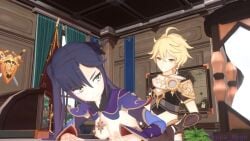 1boy 1girls 3d aether_(genshin_impact) animated doggy_style female genshin_impact hoppa_mage male mona_(genshin_impact) moving sex sex_from_behind sound twintails video