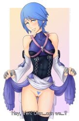 aqua_(kingdom_hearts) blue_eyes blue_hair corset flashing kingdom_hearts lifting_skirt looking_at_viewer pubic_hair sole_female stockings stradivarius